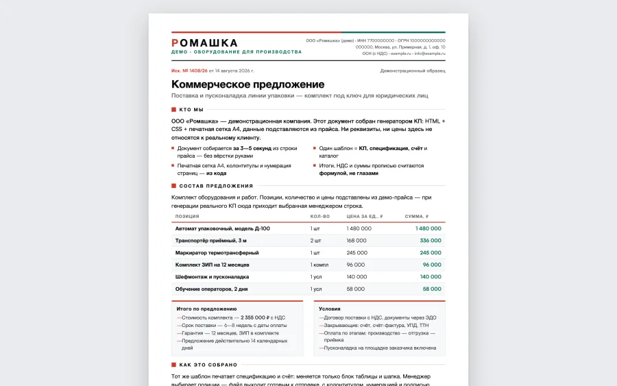 Коммерческое предложение, собранное кодом: шапка, таблица позиций, итог